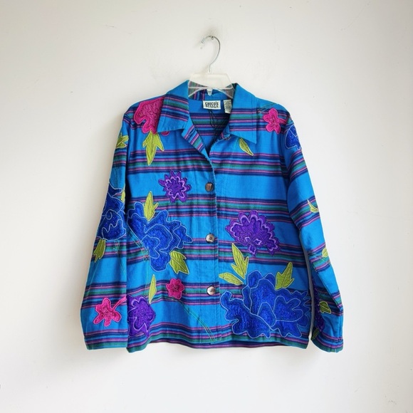 VINTAGE CHICO'S Blue Cotton Jacket With Silk Floral Appliqué S/8 - Picture 7 of 8